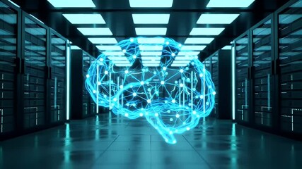 Abstract Glowing Blue Brain Hologram Displayed in a Server Room for Data Processing with Geometric Design and Advanced Computer Networks - Powered by Adobe