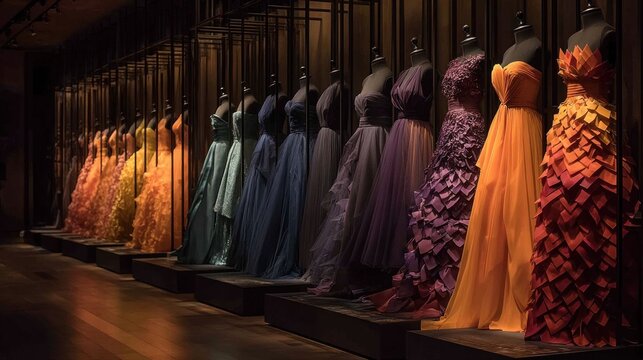 Elegant evening gowns on display in a luxury boutique fashion exhibition