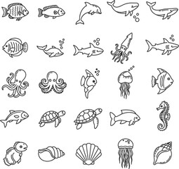 Obraz premium Underwater Sea Animals Line Icons: Marine Life Collection