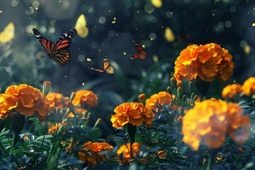 A vibrant garden scene with blooming marigolds and butterflies fluttering around