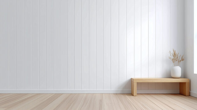 Minimalist interior with white wood panel wall and light wooden bench holding white vase with dried plants, natural light creating calm and clean atmosphere