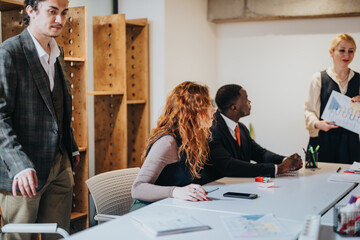 Diverse colleagues engage in teamwork and discussion at a modern office meeting, highlighting...
