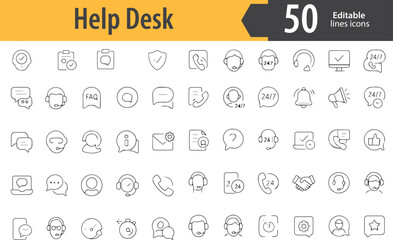 Help Desk Line Icons, Customer Support, Live Chat, Headset, FAQ, Technical Assistance, Editable Formats: AI, EPS, PNG, Ideal for Both UI and Print Media Use
