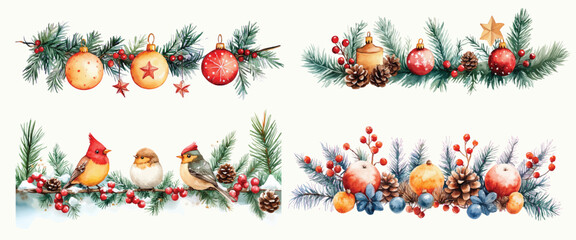 Watercolor Christmas festive wreaths winter cozy holiday illustration with fir pine branches birds and toys New Year decor for cards and posters