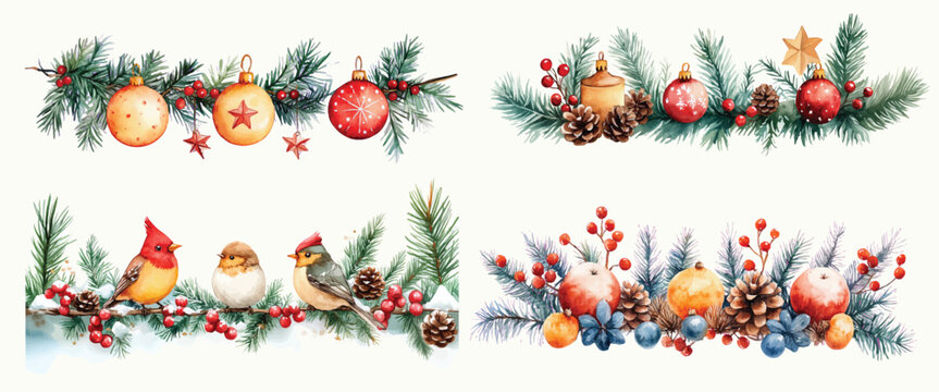Watercolor Christmas festive wreaths winter cozy holiday illustration with fir pine branches birds and toys New Year decor for cards and posters