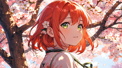 A cute anime girl with red hair and vibrant green eyes looks back, surrounded by delicate pink and white cherry blossoms