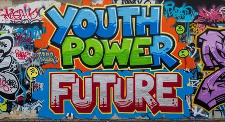 Colorful graffiti art on a wall displaying the words "Youth Power Future" with vibrant lettering and abstract background elements.