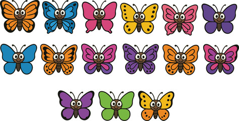 Colorful Cartoon Butterflies: A cheerful collection of cartoon butterflies in various bright colors, perfect for children's illustrations or playful designs.