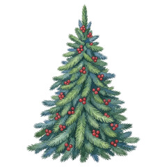 Fototapeta premium Photo of a beautifully decorated christmas tree, adorned with vibrant red berries and lush green branches, stands as a festive symbol of the holiday season isolated on transparent background