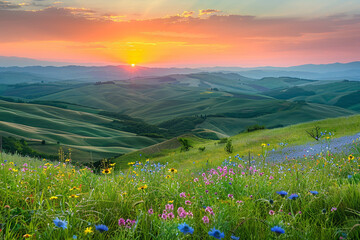A vibrant sunrise over rolling hills covered in fresh green grass and wildflowers