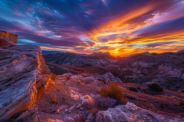 A vibrant sunrise over a rugged mountain landscape, the sky painted with vivid colors and the first light casting long shadows across the terrain