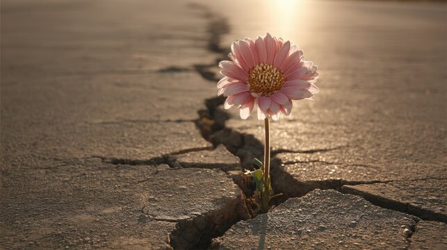A delicate pink flower pushing through cracked pavement.