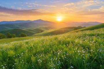 A vibrant sunrise over rolling hills covered in fresh green grass and wildflowers