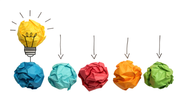 A bright yellow lightbulb made of crumpled paper shines above a row of colorful paper balls, symbolizing idea generation isolated on transparent background