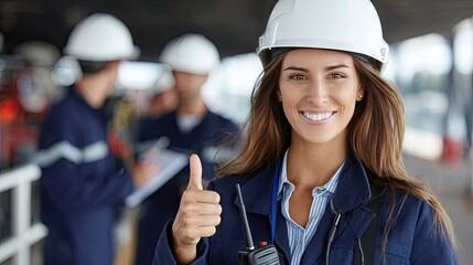 Female firefighter smiling and giving a thumbs-up while holding a walkie-talkie in a fire station with male colleagues in the background