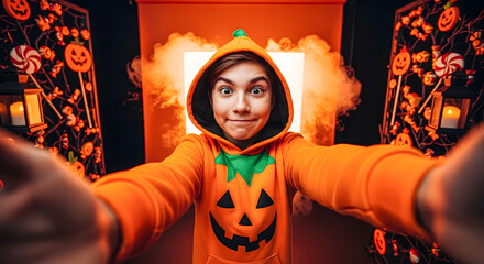 Man Wearing Pumpkin Hoodie Taking Fun Halloween Selfie
