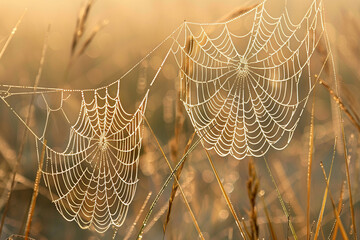 Dew-kissed spider webs glistening in the early morning sunlight among tall grass