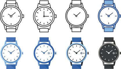 Vector art of a set of stylish wrist watch illustrations in various designs and colors isolated on white background, representing time, fashion, and modern accessories