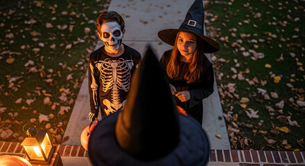 Kids in Halloween Costumes Looking Up with Pumpkin Buckets
