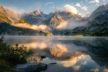 Early morning fog rising from a mountain lake as the sun begins to rise, casting a serene, golden glow across the water and surrounding peaks