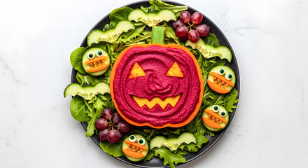 Halloween Salad Plate with Jack-o’-Lantern Face and Vegetables
