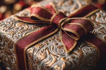 High-detail photo of a beautifully wrapped Christmas present with ribbon and bow on a festive wrapping paper background, studio lighting