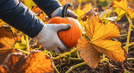 Gloved Hands Holding Pumpkin in Colorful Autumn Leaves
