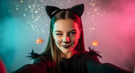 Girl in Black Cat Costume Winking with Halloween Decor
