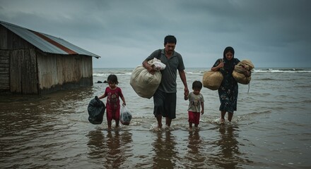 Family of Four Wading in Water Near Wooden Hut on Overcast Day