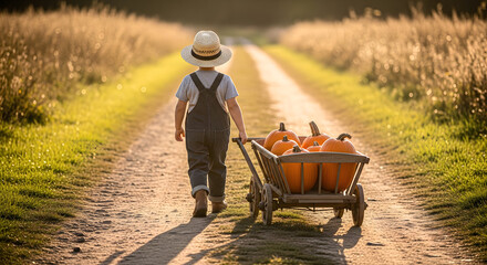 Child Pulling Wagon Full of Pumpkins on Dirt Path

