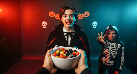 Boy in Vampire Costume Holding Bowl of Halloween Candies
