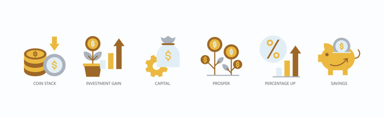 Coin Stack Icon Set Isolated Vector With Icon Of Capital, Prosper, Percentage Up, Savings, Percentage Up, Savings In Flat Style