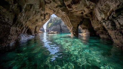 Secret beach cove hidden within a tropical cave. Crystal clear turquoise water and palm trees are visible through the cave opening