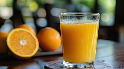 Orange juice in a glass, with fresh oranges