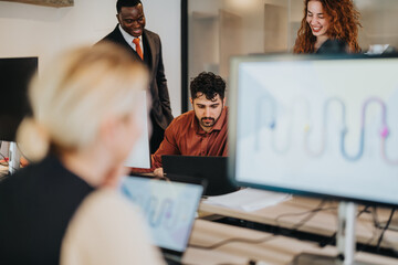 A group of professionals discussing and brainstorming ideas in a modern office setting, showcasing...