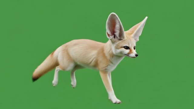 Fennec Fox Running Jumping Isolated on Green Screen