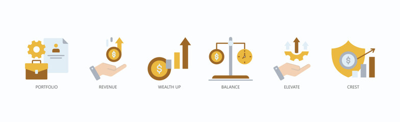 Growth And Success Icon Set Isolated Vector With Icon Of Portfolio, Revenue, Wealth Up, Balance, Elevate, Crest In Flat Style