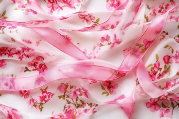 Delicate pink floral fabric with ribbons spread out elegantly on a soft surface