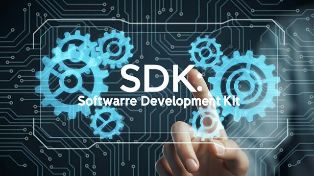 Abstract Interface Concept of Software Development Kit Blue Gears Overlay and Hand Touching Virtual Screen with Circuit Board Background