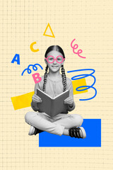 Composite image montage trend artwork 3D collage of young girl eyewear sit down read book story...