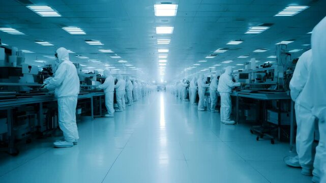 Workers in sterile clean room manufacturing microchips