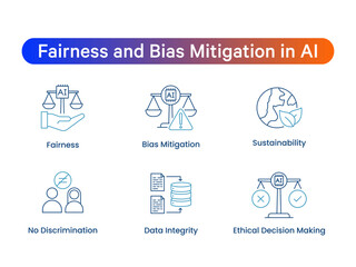 Data Integrity and AI Justice. Icons included: Data Integrity, AI Justice, Social Impact, Ethical Decision Making, Informed Consent, No Discrimination.