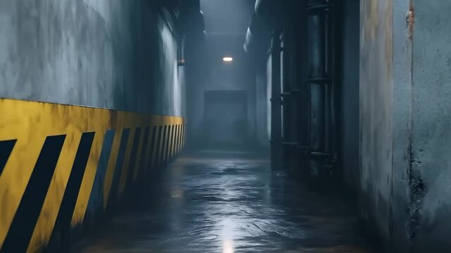 A dark industrial factory corridor with overhead pipes and distant lights