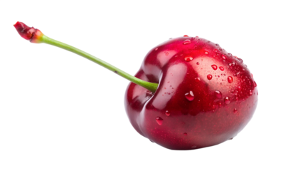 Photo of a single ripe cherry with water drops isolated on isolated transparent background