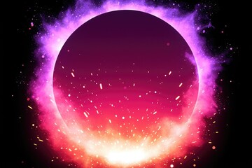 A vibrant digital illustration of an eclipse, surrounded by swirling light and particles on the edges, set against a dark background with space elements