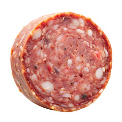 Sausage Slice Cross-Section: A thick round slice of sausage showing internal meat texture and seasoning flecks, PNG