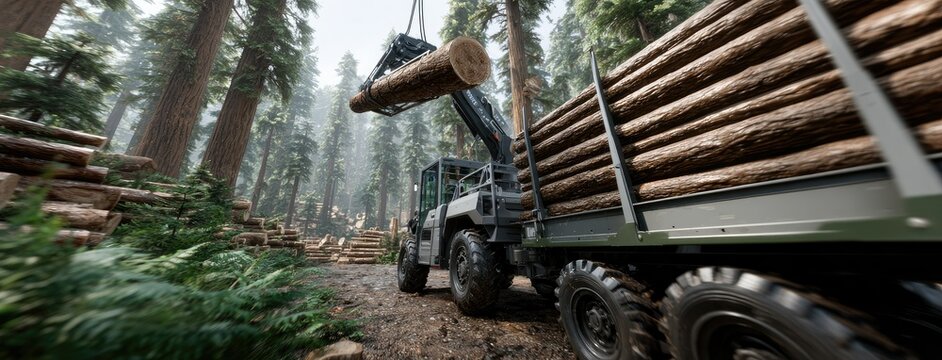 Harvester loading wood onto off-road vehicle in a dense forest during commercial tree felling operations