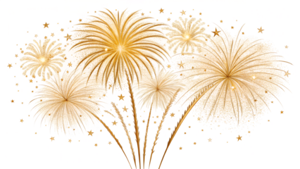 Golden fireworks explode in a celebratory display of light and sparkle isolated on transparent background