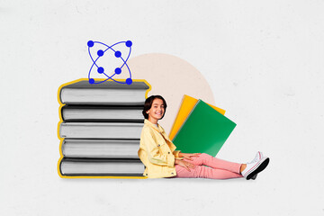 Composite 3D photo collage design trend sketch of young age preteen boy sit pile book science...