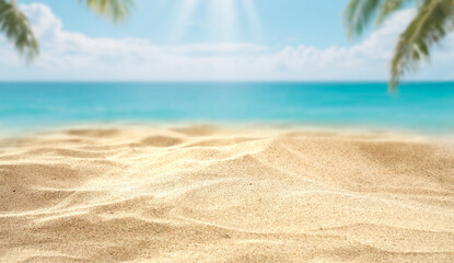 Close-up of golden sand with empty space for product placement, tropical beach background with turquoise sea, blue sky, and summer sunlight – perfect for vacation or wellness branding